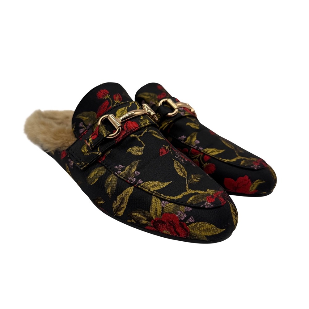 Steve Madden Jilli Mules Womens 8.5 Black Floral Brocade Faux Fur Excellent Gold